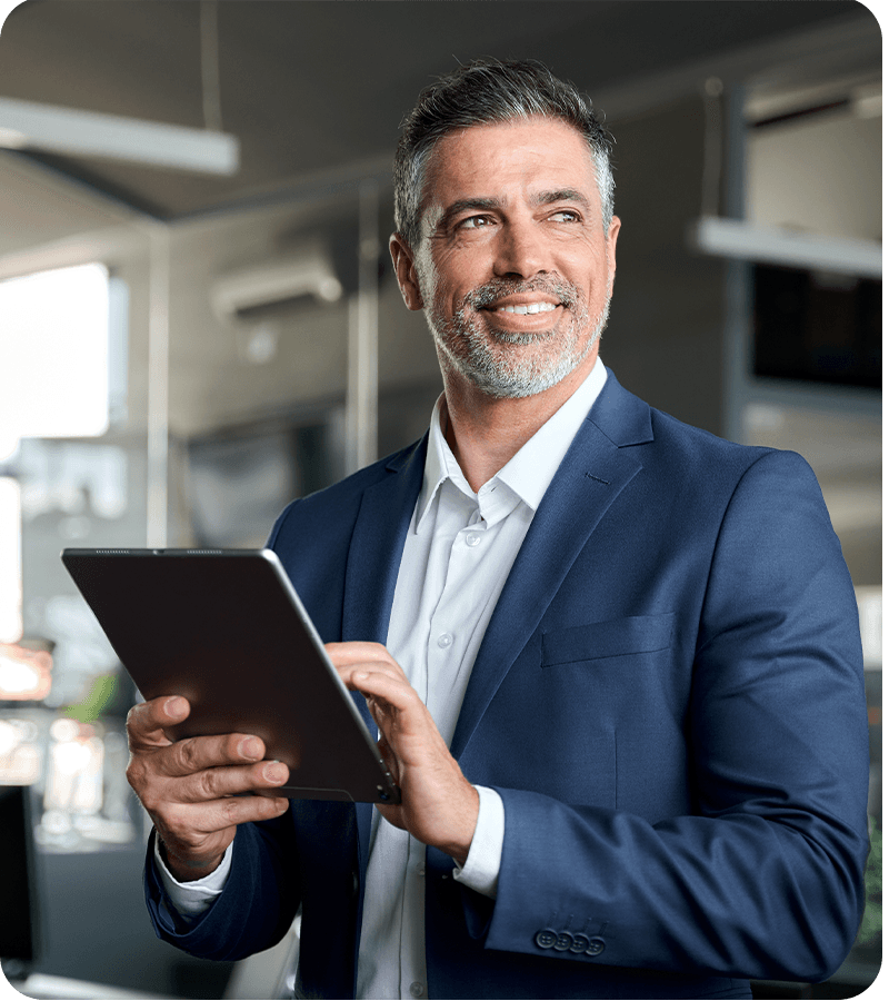 Business professional using a tablet in a modern office